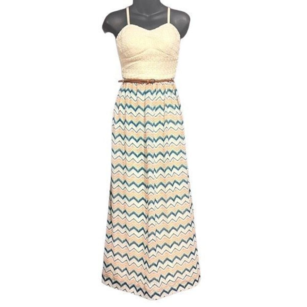 Lily Rose Cream Lace Zigzag Maxi Sun Dress w/ Belt Women’s XS